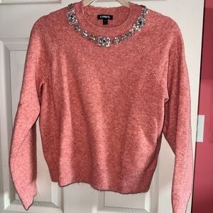 Express Coral Jeweled Crewneck Sweater
